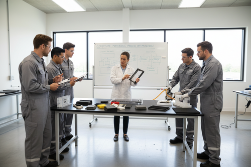 Composite materials business training workshop with instructor and engineers